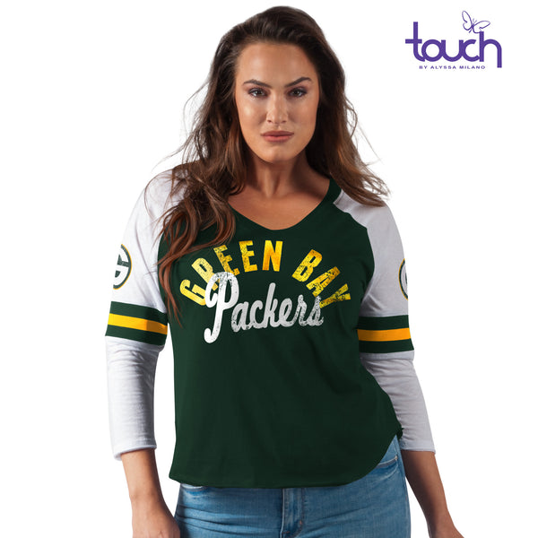 Green Bay Packers Women's Plus Sizes Curved Hem V-Neck T-Shirt - Green